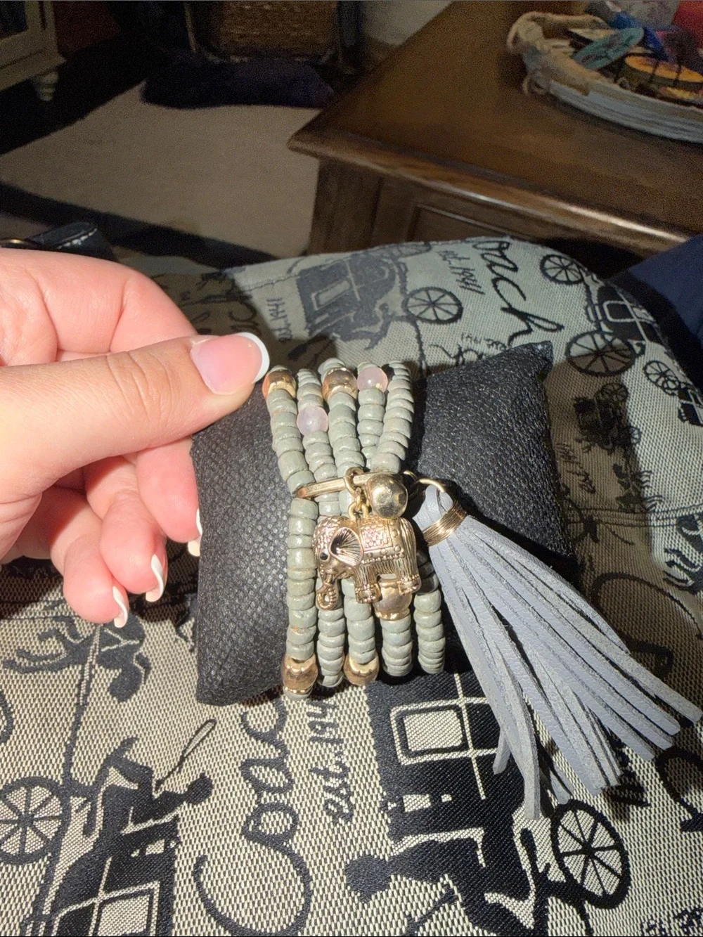 Multi-Strand Gray Beaded Wrap Bracelet with Tassel and Elephant Charm